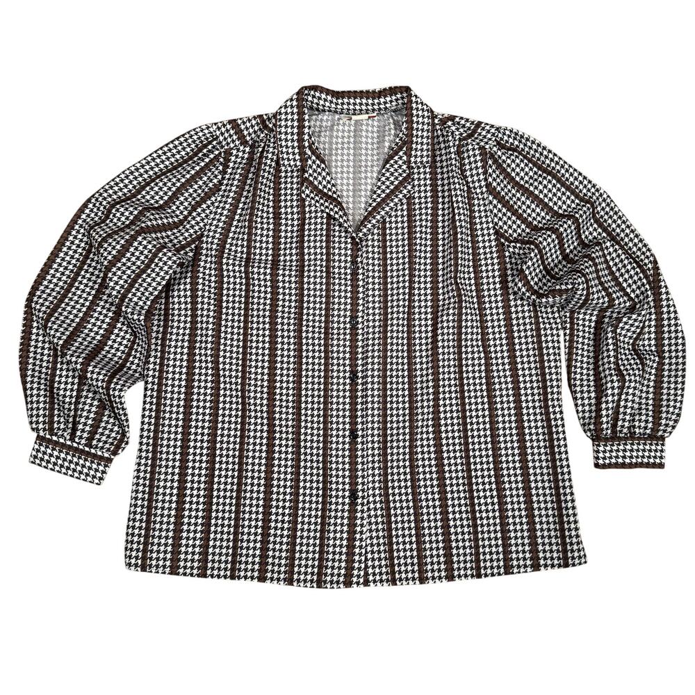 Vintage 70s Rhapsody Houndstooth Blouse Sz 40 Made in USA Brown Retro Disco Top